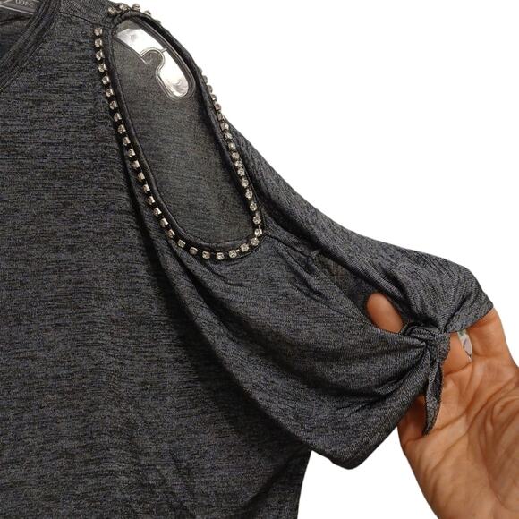Juicy Couture Rhinestone Cold Shoulder Top M Gray Short Tie DIAMONDS Sleeves - Picture 8 of 16